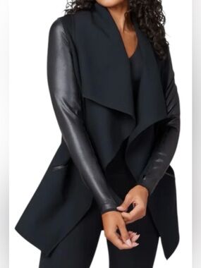 Spanx Drape Front Jacket faux leather stretch thumb holes wrap street chic US M
